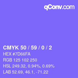 カラーコード: CMYK 50 / 59 / 0 / 2 | qconv.com
