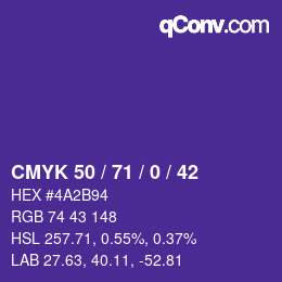 Color code: CMYK 50 / 71 / 0 / 42 | qconv.com