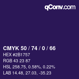 Color code: CMYK 50 / 74 / 0 / 66 | qconv.com