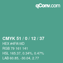 カラーコード: CMYK 51 / 0 / 12 / 37 | qconv.com