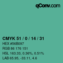 カラーコード: CMYK 51 / 0 / 14 / 31 | qconv.com