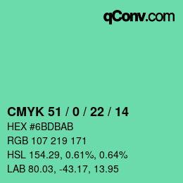カラーコード: CMYK 51 / 0 / 22 / 14 | qconv.com