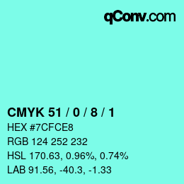 カラーコード: CMYK 51 / 0 / 8 / 1 | qconv.com
