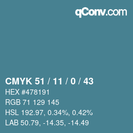 Color code: CMYK 51 / 11 / 0 / 43 | qconv.com