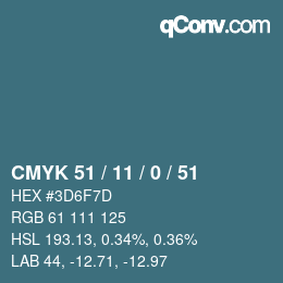 Code couleur: CMYK 51 / 11 / 0 / 51 | qconv.com