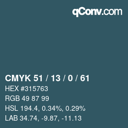 カラーコード: CMYK 51 / 13 / 0 / 61 | qconv.com