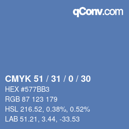 Farbcode: CMYK 51 / 31 / 0 / 30 | qconv.com