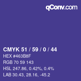 Color code: CMYK 51 / 59 / 0 / 44 | qconv.com