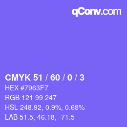 カラーコード: CMYK 51 / 60 / 0 / 3 | qconv.com