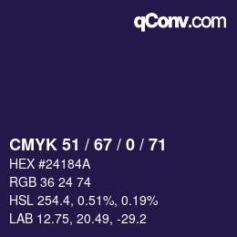 Code couleur: CMYK 51 / 67 / 0 / 71 | qconv.com