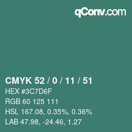 颜色代码: CMYK 52 / 0 / 11 / 51 | qconv.com