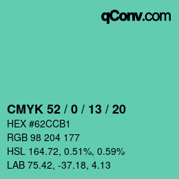 Color code: CMYK 52 / 0 / 13 / 20 | qconv.com