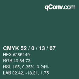 Color code: CMYK 52 / 0 / 13 / 67 | qconv.com