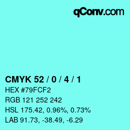 カラーコード: CMYK 52 / 0 / 4 / 1 | qconv.com