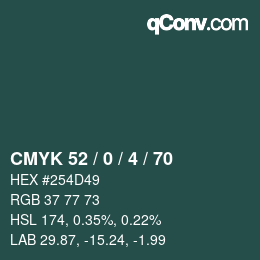 Code couleur: CMYK 52 / 0 / 4 / 70 | qconv.com
