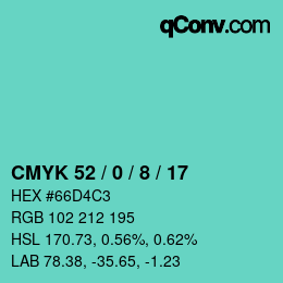 カラーコード: CMYK 52 / 0 / 8 / 17 | qconv.com