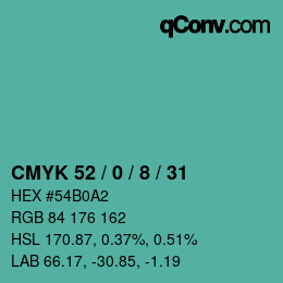 カラーコード: CMYK 52 / 0 / 8 / 31 | qconv.com
