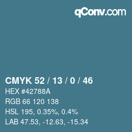 カラーコード: CMYK 52 / 13 / 0 / 46 | qconv.com