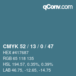 カラーコード: CMYK 52 / 13 / 0 / 47 | qconv.com