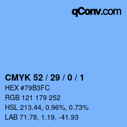 カラーコード: CMYK 52 / 29 / 0 / 1 | qconv.com