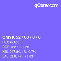 カラーコード: CMYK 52 / 60 / 0 / 0 | qconv.com