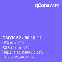颜色代码: CMYK 52 / 60 / 0 / 1 | qconv.com