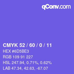 カラーコード: CMYK 52 / 60 / 0 / 11 | qconv.com