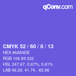カラーコード: CMYK 52 / 60 / 0 / 13 | qconv.com