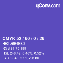 カラーコード: CMYK 52 / 60 / 0 / 26 | qconv.com