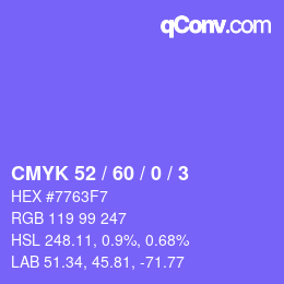 カラーコード: CMYK 52 / 60 / 0 / 3 | qconv.com