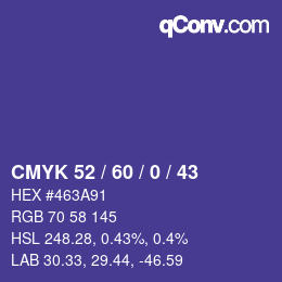 カラーコード: CMYK 52 / 60 / 0 / 43 | qconv.com