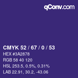 カラーコード: CMYK 52 / 67 / 0 / 53 | qconv.com
