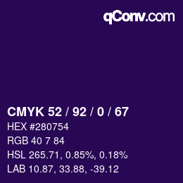 Color code: CMYK 52 / 92 / 0 / 67 | qconv.com