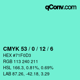 カラーコード: CMYK 53 / 0 / 12 / 6 | qconv.com