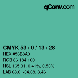 Color code: CMYK 53 / 0 / 13 / 28 | qconv.com