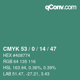 Color code: CMYK 53 / 0 / 14 / 47 | qconv.com