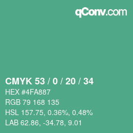 カラーコード: CMYK 53 / 0 / 20 / 34 | qconv.com
