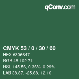 Farbcode: CMYK 53 / 0 / 30 / 60 | qconv.com