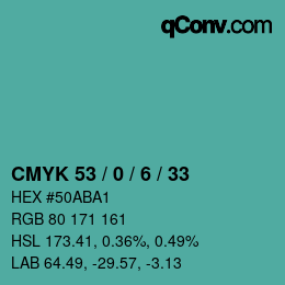 Color code: CMYK 53 / 0 / 6 / 33 | qconv.com