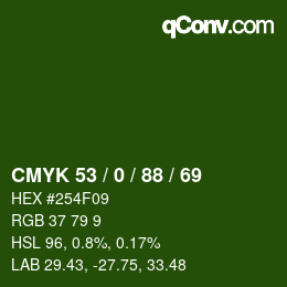 Color code: CMYK 53 / 0 / 88 / 69 | qconv.com