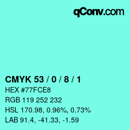カラーコード: CMYK 53 / 0 / 8 / 1 | qconv.com