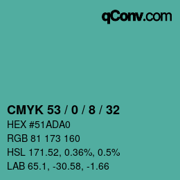カラーコード: CMYK 53 / 0 / 8 / 32 | qconv.com