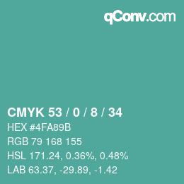 カラーコード: CMYK 53 / 0 / 8 / 34 | qconv.com
