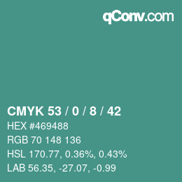 カラーコード: CMYK 53 / 0 / 8 / 42 | qconv.com