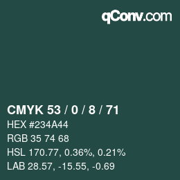 カラーコード: CMYK 53 / 0 / 8 / 71 | qconv.com