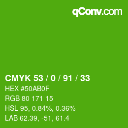 Farbcode: CMYK 53 / 0 / 91 / 33 | qconv.com