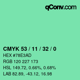 カラーコード: CMYK 53 / 11 / 32 / 0 | qconv.com