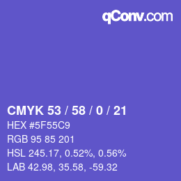 カラーコード: CMYK 53 / 58 / 0 / 21 | qconv.com