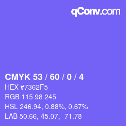 カラーコード: CMYK 53 / 60 / 0 / 4 | qconv.com