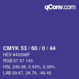 Color code: CMYK 53 / 60 / 0 / 44 | qconv.com